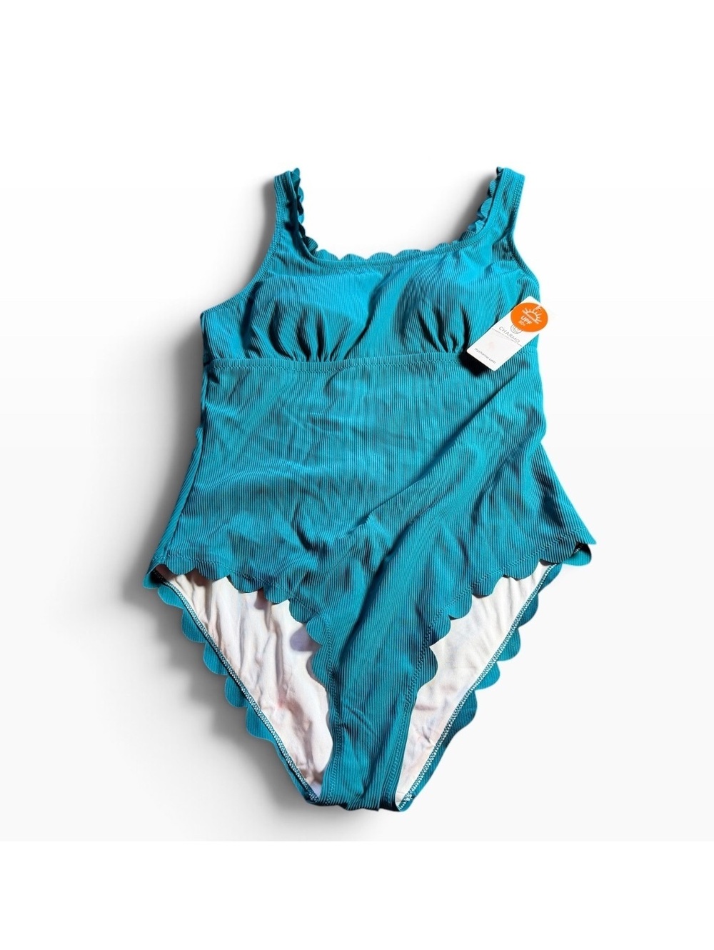 CHARMO women's one piece dark teal scalloped hem UPF 50+ one piece swimsuit NWT